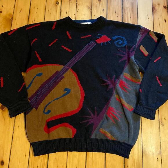 Memphis Style Cello Violin Graphic Sweater 1980s Size Medium - Picture 1 of 4